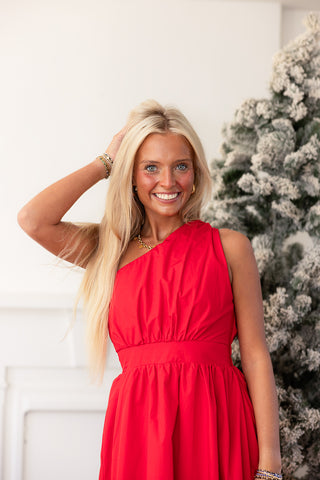 RED POPLIN ONE SHOULDER MAXI DRESS - MEET ME IN SANTORINI