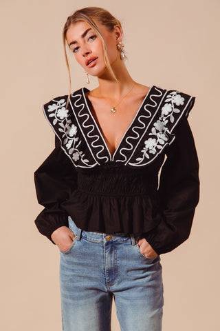 FLORAL EMBROIDERED RUFFLED PEPLUM TOP