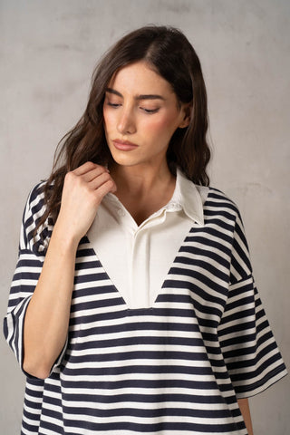 Yarn-dye Stripe Ss Collared Half Btn-up Boxy Dress