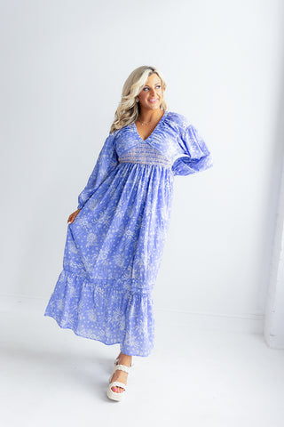 V Neck Floral Maxi Dress (Periwinkle)