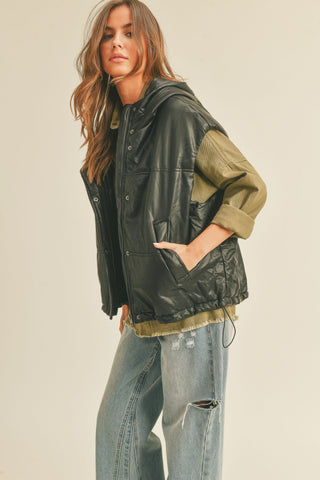 PLEATHER VEST WITH HOODIE (BLACK)