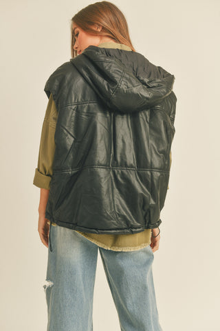 PLEATHER VEST WITH HOODIE (BLACK)