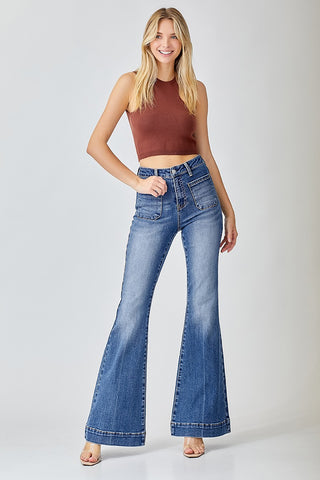 HIGH RISE FRONT PATCH POCKET BELL BOTTOM JEANS  - RISEN