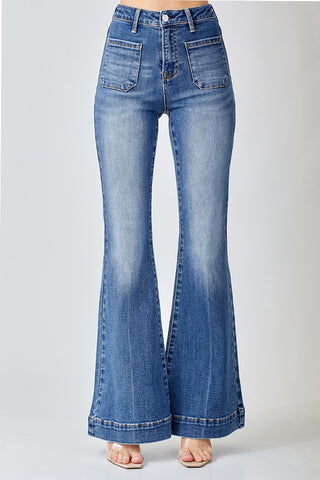 HIGH RISE FRONT PATCH POCKET BELL BOTTOM JEANS  - RISEN
