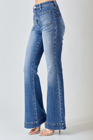 HIGH RISE FRONT PATCH POCKET BELL BOTTOM JEANS  - RISEN