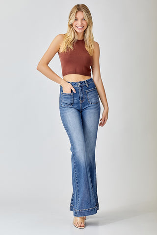 HIGH RISE FRONT PATCH POCKET BELL BOTTOM JEANS  - RISEN