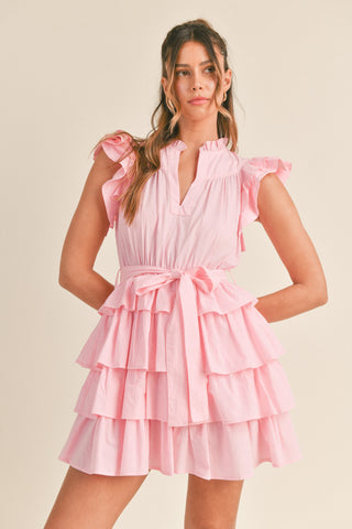 RUFFLE DETAIL SLEEVE AND RUFFLE TIERED MINI DRESS (PINK)