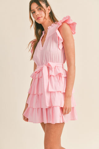 RUFFLE DETAIL SLEEVE AND RUFFLE TIERED MINI DRESS (PINK)