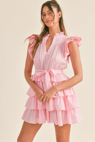 RUFFLE DETAIL SLEEVE AND RUFFLE TIERED MINI DRESS (PINK)