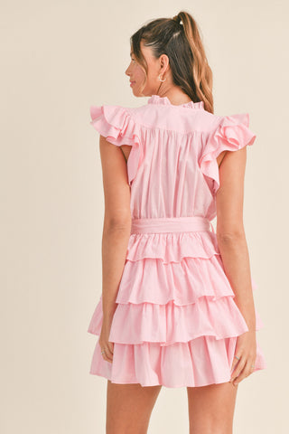 RUFFLE DETAIL SLEEVE AND RUFFLE TIERED MINI DRESS (PINK)