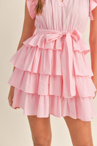 RUFFLE DETAIL SLEEVE AND RUFFLE TIERED MINI DRESS (PINK)