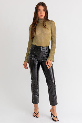 SHINY GLOSS FAUX LEATHER PANTS - BLACK