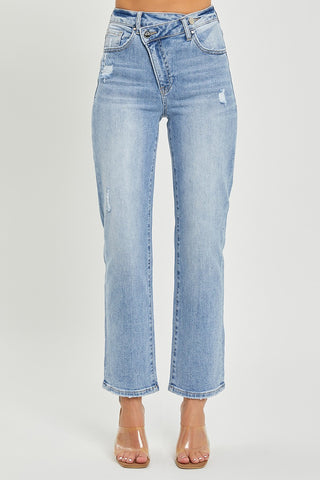 HIGHRISE CROSSOVER TAPERED JEANS