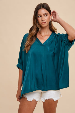 SATIN V NECK SHORT SLEEVE BLOUSE TOP (TEAL)