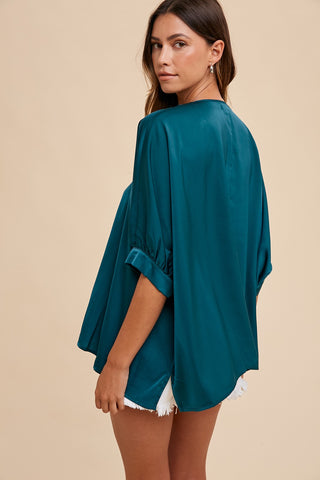 SATIN V NECK SHORT SLEEVE BLOUSE TOP (TEAL)