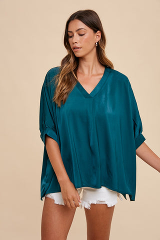 SATIN V NECK SHORT SLEEVE BLOUSE TOP (TEAL)