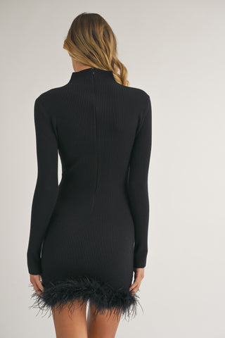 LONG SLEEVE MOCK NECK MINI DRESS WITH FUR TRIM (BLACK)