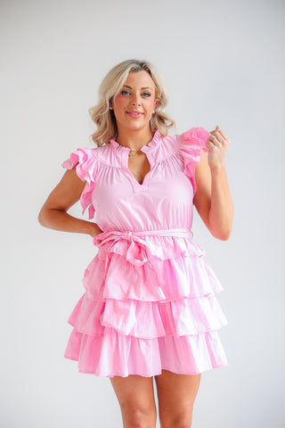 RUFFLE DETAIL SLEEVE AND RUFFLE TIERED MINI DRESS (PINK)