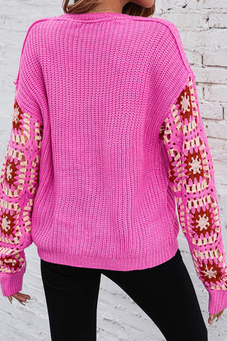 Floral Crochet Cable Knit V Neck Sweater