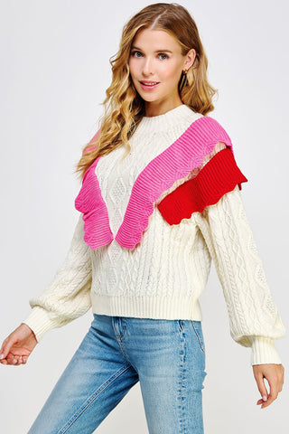 Contrast Ruffled Accent Cable Knit Sweater