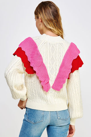 Contrast Ruffled Accent Cable Knit Sweater