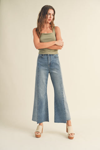 COLOR BLOCK RAW EDGE DENIM PANTS