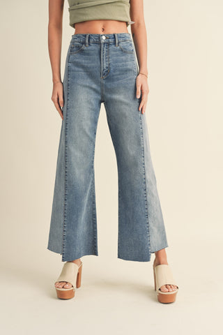 COLOR BLOCK RAW EDGE DENIM PANTS