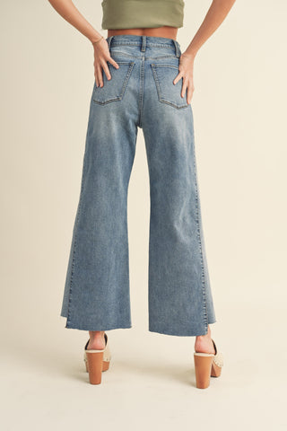 COLOR BLOCK RAW EDGE DENIM PANTS