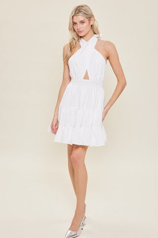 HALTER NECK TIERED MINI DRESS (White)