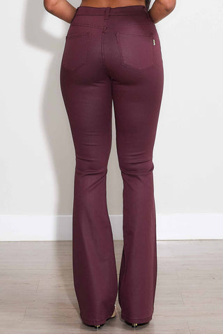 COATED BURGUNDY BOOT CUT PANTS (BURGUNDY)