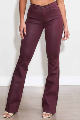 COATED BURGUNDY BOOT CUT PANTS (BURGUNDY)