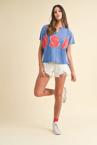 Mineral Washed Usa Patched Knit Top (BLUE)