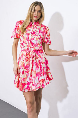 Button Down CollarPrinted  Mini Dress (Fuchsia)