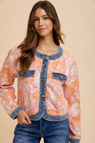 FLORAL JACQUARD DENIM CONTRAST JACKET (PINK/ORANGE)