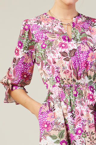 LONG SLEEVE PRINTED SPLIT NECK TIERED MAXI DRESS