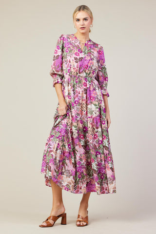 LONG SLEEVE PRINTED SPLIT NECK TIERED MAXI DRESS