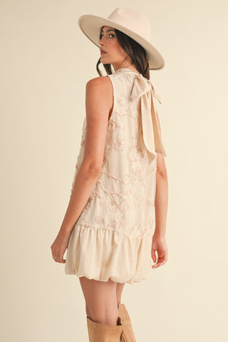 EMBELLISHED MIXED MEDIA BUBBLE HEM MINI DRESS