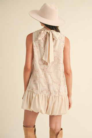 EMBELLISHED MIXED MEDIA BUBBLE HEM MINI DRESS