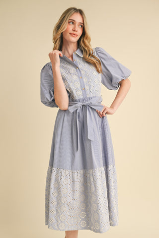 STRIPED EYELET BUTTON DOWN MIDI DRESS