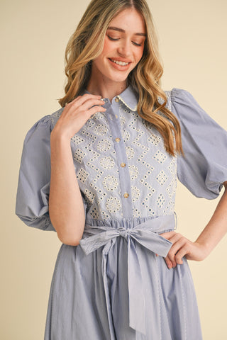 STRIPED EYELET BUTTON DOWN MIDI DRESS