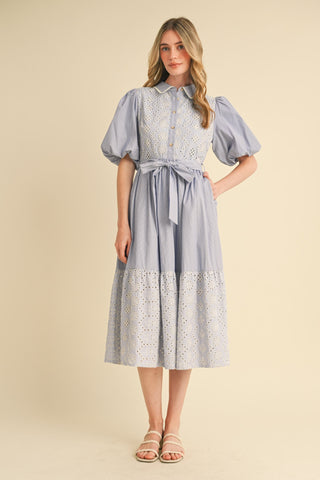 STRIPED EYELET BUTTON DOWN MIDI DRESS
