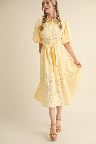 STRIPED EYELET BUTTON DOWN MIDI DRESS