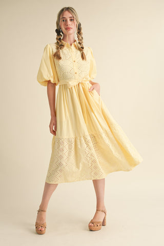 STRIPED EYELET BUTTON DOWN MIDI DRESS