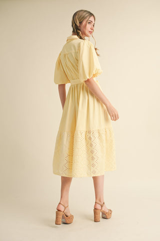 STRIPED EYELET BUTTON DOWN MIDI DRESS