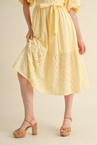 STRIPED EYELET BUTTON DOWN MIDI DRESS
