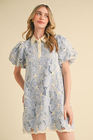 LACE BUBBLE SLEEVE MINI DRESS