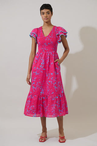 Delina Floral Patte Tiered Midi Dress