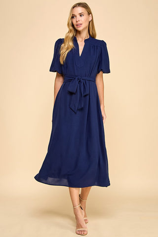 Gathered Detail V Neckline Side Slit Midi Dress (NAVY)