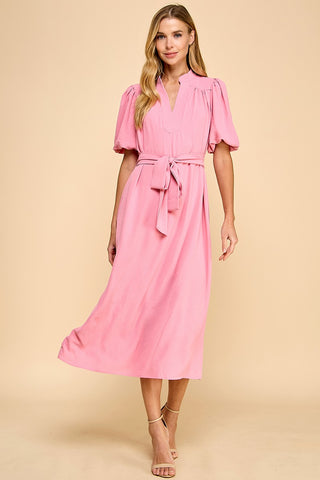 Gathered Detail V Neckline Side Slit Midi Dress (PINK)