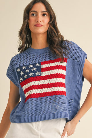 American Flag Open Stitch Sweater Top (BLUE)